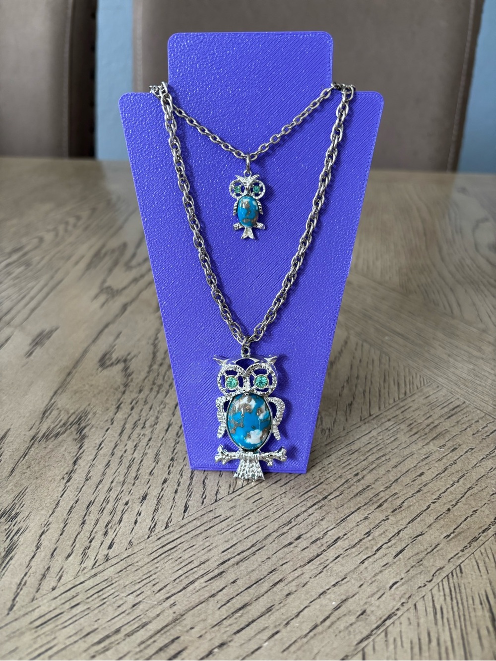 Piercing Pagoda Owl Necklace Set NIB Silver Tone Turquoise Blue Stone Pendants